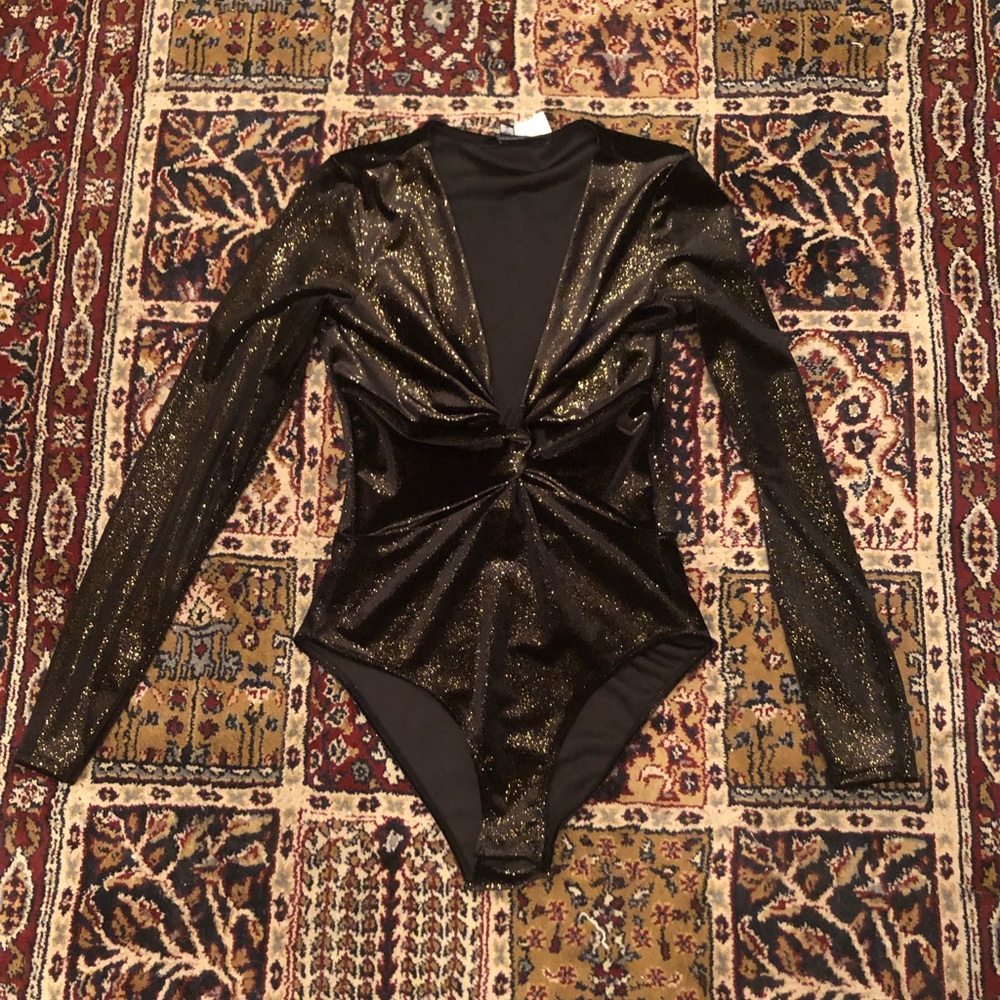 Black & Gold Shiny Velvet Longsleeve Top Bodysuit